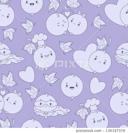 Cute Blackcurrant Seamless Pattern drawing. Outline Berry Currant Cartoon Character Chef, Romantic Couple and Superhero on Purple Background. Line Vector Square illustration 136197359