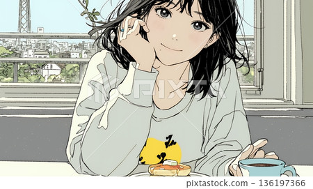 清晨，一位年輕女子在餐廳（咖啡店）吃煎餅（早餐套餐）。 136197366