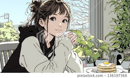 A young woman eating pancakes (morning set) at a diner (coffee shop) early in the morning 136197368