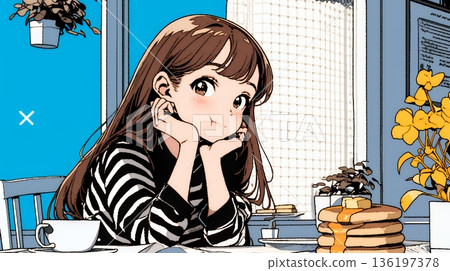 清晨，一位年輕女子在餐廳（咖啡店）吃煎餅（早餐套餐）。 136197378