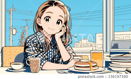 清晨，一位年輕女子在餐廳（咖啡店）吃煎餅（早餐套餐）。 136197380