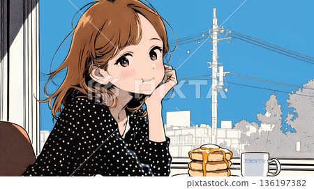 清晨，一位年輕女子在餐廳（咖啡店）吃煎餅（早餐套餐）。 136197382