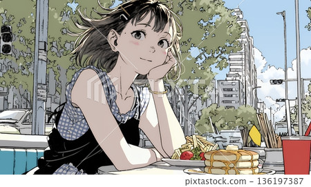 清晨，一位年輕女子在餐廳（咖啡店）吃煎餅（早餐套餐）。 136197387