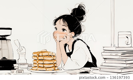 A young woman eating pancakes (morning set) at a diner (coffee shop) early in the morning (simple colors) A young woman eating pancakes (morning set) at a diner (coffee shop) early in the morning (simple colors) 136197393