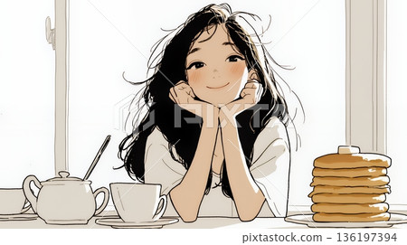 A young woman eating pancakes (morning set) at a diner (coffee shop) early in the morning (simple colors) 136197394