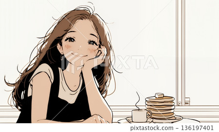 清晨，一位年輕女子在餐廳（咖啡店）吃煎餅（早餐場景）（色彩簡潔） 136197401
