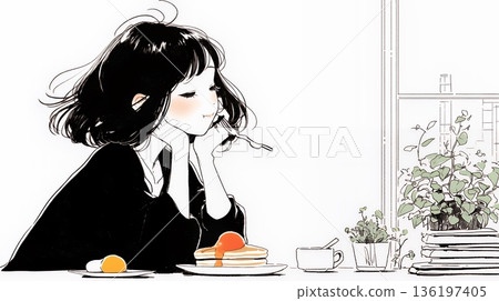 A young woman eating pancakes (morning set) at a diner (coffee shop) early in the morning (simple colors) 136197405