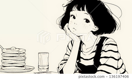A young woman eating pancakes (morning set) at a diner (coffee shop) early in the morning (simple colors) 136197406