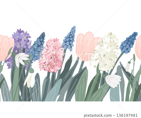 Seamless horizontal border design with tulips, snowdrops, and hyacinths. Vector pattern illustration. 136197481
