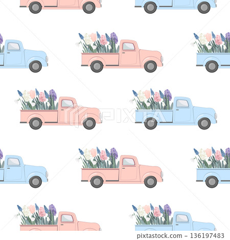 Pink and blue vintage pickup trucks with first flowers Seamless Pattern. Baby Gender Reveal Spring Background. Vector illustration Pink and blue vintage pickup trucks with first flowers Seamless Pattern. Baby Gender Reveal Spring Background. Vector illustration 136197483