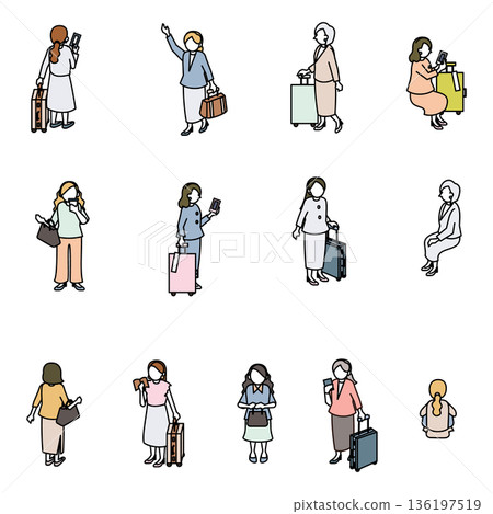 等距視角女性人物圖集,商務人士旅行或出差 等距視角女性人物圖集,商務人士旅行或出差 136197519
