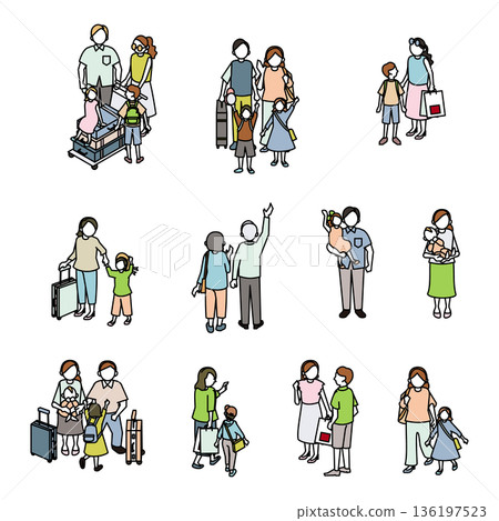 Isometric family travel set - people traveling with luggage carts and carry-ons 136197523