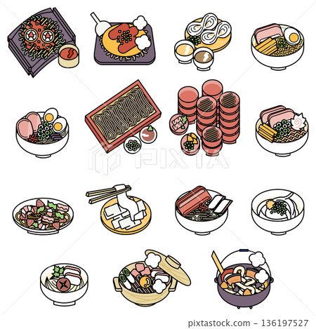 各種日式麵條圖示、當地特色蓋飯食材、拉麵、烏龍麵、蕎麥麵 136197527