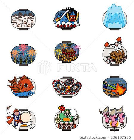 Illustration set of festivals from all over Japan. A collection of traditional events and summer festivals with lantern motifs. 136197530