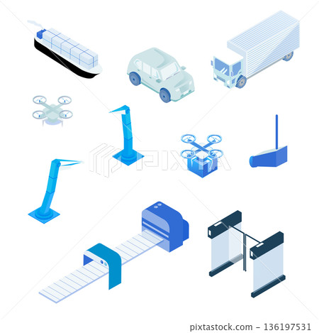 Smart logistics and automation technology isometric illustration set 136197531