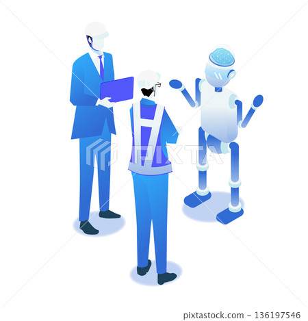 Illustration of an engineer meeting with a robot at a construction site or factory Illustration of an engineer meeting with a robot at a construction site or factory 136197546