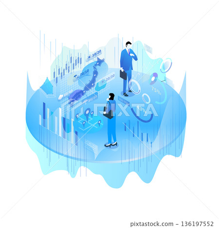 插圖：一位商務人士正在對日本地圖進行大數據視覺化和市場分析。 136197552