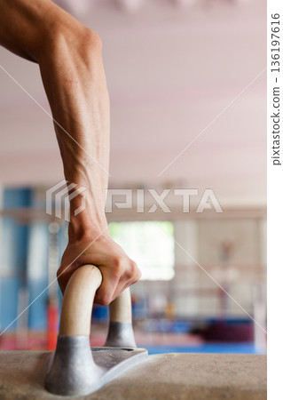 Hand of gymnast gripping handle of pommel horse in training hall Hand of gymnast gripping handle of pommel horse in training hall 136197616