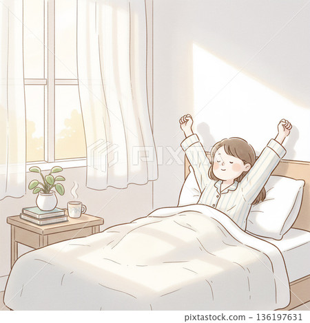 A gentle illustration of a woman stretching out in bed in the morning light 136197631