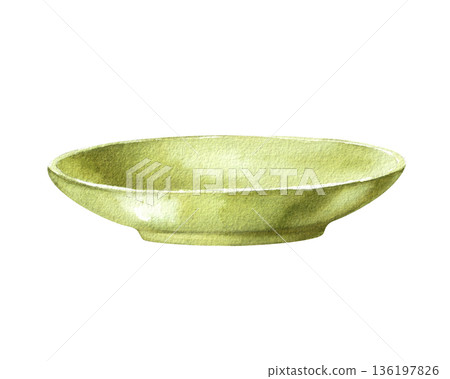 Watercolor illustration green plate side view isolated on white background. For menu design, decor and design Watercolor illustration green plate side view isolated on white background. For menu design, decor and design 136197826