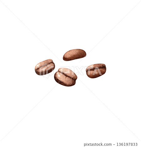 Roasted brown coffee beans isolated on white background. Watercolor handmade illustration for the design and decoration of cafes, restaurants and cafeterias. 136197833