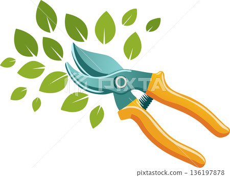 Flat garden illustration showing pruning shears cutting green leafy branches with clean 136197878