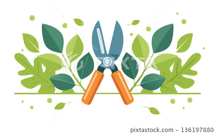 Simple flat illustration of hand pruners cutting a leafy branch bright green foliage soft shapes 136197880