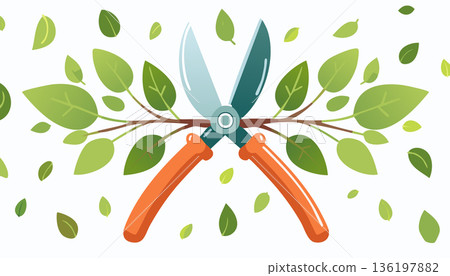 Bright flat style illustration of garden scissors cutting branches with green leaves modern 136197882