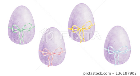 Lavender Easter eggs with soft pastel ribbon details as watercolor illustration, hand drawn. Great for nursery decor, greeting cards, scrapbook elements, gift wrap and surface design collections Lavender Easter eggs with soft pastel ribbon details as watercolor illustration, hand drawn. Great for nursery decor, greeting cards, scrapbook elements, gift wrap and surface design collections 136197902