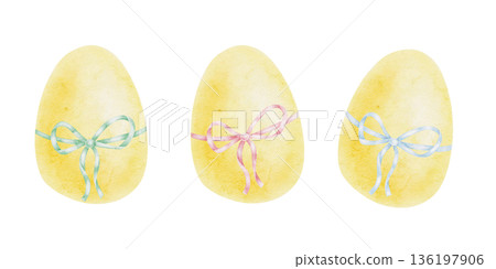 Ribbon decorated Easter eggs in warm yellow and pastel bow colors as watercolor illustration, hand drawn. Ideal for greeting cards, gift tags, wrapping paper, invitations and festive spring Ribbon decorated Easter eggs in warm yellow and pastel bow colors as watercolor illustration, hand drawn. Ideal for greeting cards, gift tags, wrapping paper, invitations and festive spring 136197906