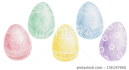 Ornamental Easter eggs in pink, mint, blue and soft yellow shades as watercolor clipart, hand drawn. Suitable for spring stationery, scrapbook kits, posters, packaging and decorative surface design Ornamental Easter eggs in pink, mint, blue and soft yellow shades as watercolor clipart, hand drawn. Suitable for spring stationery, scrapbook kits, posters, packaging and decorative surface design 136197908