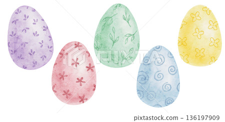 Patterned Easter eggs in lavender, mint, blue and yellow colors as watercolor illustration, hand drawn. Designed for children products, gift wrap, cards, fabric prints and seasonal branding materials Patterned Easter eggs in lavender, mint, blue and yellow colors as watercolor illustration, hand drawn. Designed for children products, gift wrap, cards, fabric prints and seasonal branding materials 136197909