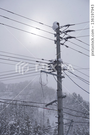 Snow-covered telegraph pole (snow) 07 136197943