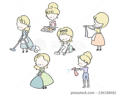 一組復古插畫，描繪了可愛的家庭主婦們做家事的場景（20世紀60年代美國，手繪風格） 136198082