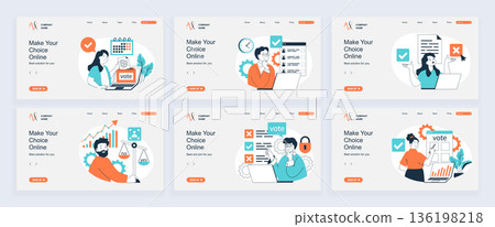 Online voting concept of landing page with slide templates set in flat design. Website headers with people make choose in political vote online and analyzing politics rating. Vector illustrations. Online voting concept of landing page with slide templates set in flat design. Website headers with people make choose in political vote online and analyzing politics rating. Vector illustrations. 136198218