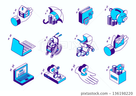 Social security concept 3d isometric icons set for web isometry design. Collection elements of mortgage home, insurance protection for money savings, disability, childbirth, more. Vector illustration. Social security concept 3d isometric icons set for web isometry design. Collection elements of mortgage home, insurance protection for money savings, disability, childbirth, more. Vector illustration. 136198220