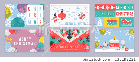 Merry Christmas cover template for social media. Xmas greeting cards with abstract decorative snowflakes, hanging balls, garlands, festive fir trees, candles, holiday patterns. Vector illustration. Merry Christmas cover template for social media. Xmas greeting cards with abstract decorative snowflakes, hanging balls, garlands, festive fir trees, candles, holiday patterns. Vector illustration. 136198221
