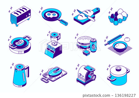 Kitchen utensils concept 3d isometric icons set for web isometry design. Collection elements of toaster, frying pan, eggs, cooking steak, blender, fast food, grinder, bowl, more. Vector illustration. 136198227
