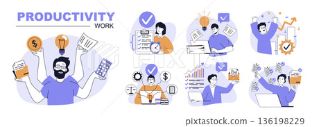 Productivity work concept set in flat web design. People in isolated scenes planning and organizing schedule lists, complete doing work tasks, multitasking and workflow process. Vector illustrations. Productivity work concept set in flat web design. People in isolated scenes planning and organizing schedule lists, complete doing work tasks, multitasking and workflow process. Vector illustrations. 136198229