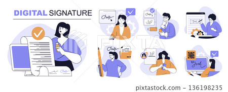 Digital signature concept set in flat web design. People in isolated scenes signing legal documents with electronic identification certificate with verification technology. Vector illustrations. 136198235