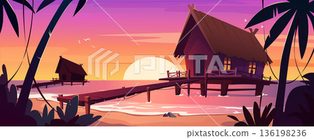 Tropical bungalows at sunset sea beach background banner for game design. Summer coastal wooden houses with flooring way, tropical palm trees silhouettes in dusk sky. Vector cartoon illustration Tropical bungalows at sunset sea beach background banner for game design. Summer coastal wooden houses with flooring way, tropical palm trees silhouettes in dusk sky. Vector cartoon illustration 136198236