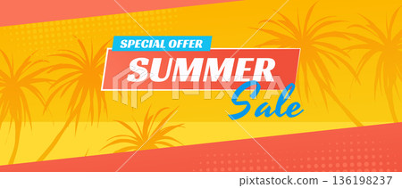 Summer horizontal sale banner. Shopping promotion poster template with tropical palm tree silhouettes, retro invitation with abstract island beach nature and exotic paradise. Vector illustration. 136198237