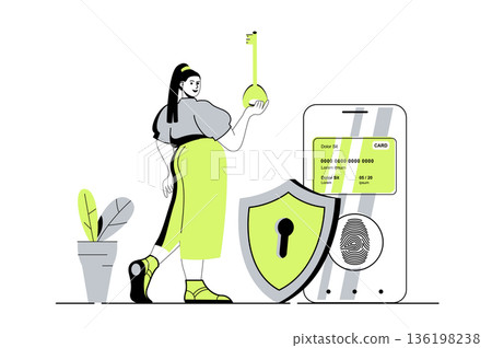 Secure payment web concept with flat cartoon people for website design. Woman paying for purchases with credit card and protection service with fingerprint scan and personal key. Vector illustration. 136198238