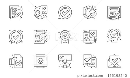 Certificate icons set in outline stroke design for web. Pack line pictograms with document approve, signing, quality, qualification, checkmark, safety guarantee, diploma, other. Vector illustration. 136198240