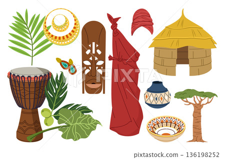 Africa culture set in flat graphic design. Collection isolated elements of ritual tribal mask, ethnic clothes, jewelry earrings and necklace, palm leaf, drum djembe, house, other. Vector illustration. Africa culture set in flat graphic design. Collection isolated elements of ritual tribal mask, ethnic clothes, jewelry earrings and necklace, palm leaf, drum djembe, house, other. Vector illustration. 136198252