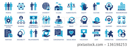 Community icon set in flat duotone solid icons web design. Pack pictograms with people, friendship, diversity, village, human rights, equality, culture, inclusion, trust, other. Vector illustration. 136198253