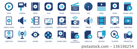 Video icon set in flat duotone solid icons web design. Pack pictograms with camera, movie, play, pause, production, live, media, mute, editing, television, streaming, film, other. Vector illustration. 136198254