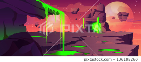 Stones space with green toxic liquid background for banner design. Dark and dangerous rocky land with creepy cavern and poisons flow lake, mountains with glowing water. Vector cartoon illustration Stones space with green toxic liquid background for banner design. Dark and dangerous rocky land with creepy cavern and poisons flow lake, mountains with glowing water. Vector cartoon illustration 136198260
