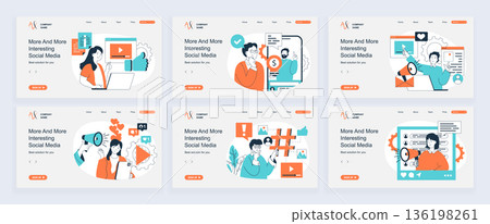 Social media concept of landing page with slide templates set in flat design. Website headers with people watching videos and likes, follow live broadcasting, sharing posts. Vector illustrations. Social media concept of landing page with slide templates set in flat design. Website headers with people watching videos and likes, follow live broadcasting, sharing posts. Vector illustrations. 136198261