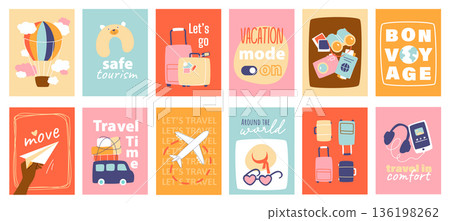 Travel cover typography template for posters, prints. Minimalistic banners set with hot air balloon, safe tourism, suitcase, passport, camera, move, bon voyage, airplane, other. Vector illustration. 136198262
